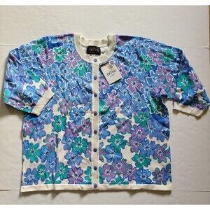 Bob Mackie XL Wearable Art White Blue Floral knit cardigan cotton blend NWT